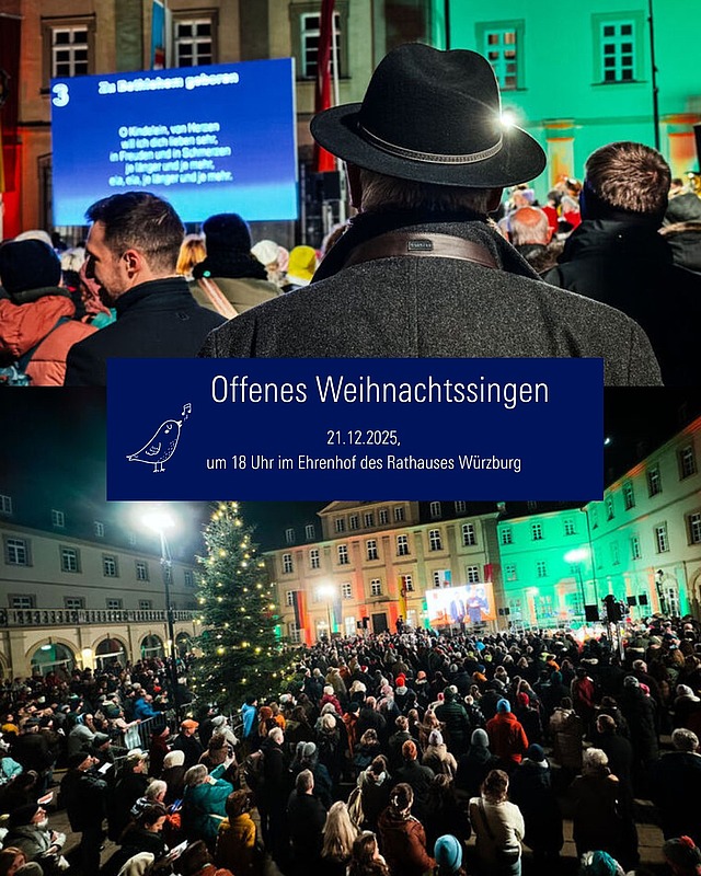 🎄 Offenes Weihnachtssingen 2025 🎶 
Seit über 45 Jahren versammeln sich große und kleine Sängerinnen und Sänger am Abend des 4. Advent, um gemeinsam die schönsten Weihnachtslieder anzustimmen.  Von „Alle Jahre wieder“ bis „O du Fröhliche“. ✨ 
 
Rund um den geschmückten Weihnachtsbaum entsteht ein Moment der Gemeinschaft, der Freude und der Vorfreude auf das Fest!️🎅 

Kommt vorbei und lasst uns gemeinsam singen! 
📅 Morgen, 21.12.25 um 18 Uhr 
📍 Ehrenhof des Rathauses Würzburg 

#Würzburg #Weihnachtssingen #Tradition #katholikentag2026