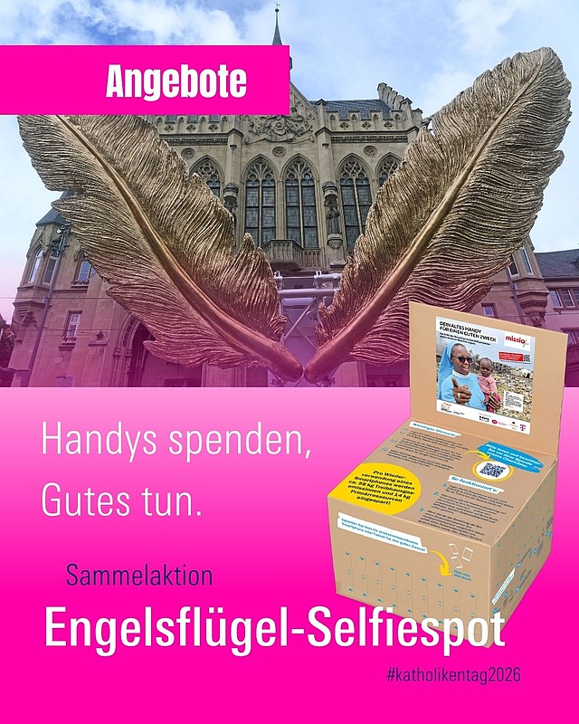 Aus Alt mach Hoffnung! Bring dein altes Handy mit! 🌍
Gemeinsam mit missio Aachen sammeln wir beim Katholikentag in Würzburg alte Handys für den guten Zweck. Mit den Erlösen aus dem Recycling werden wichtige Projekte von missio weltweit unterstützt. Gleichzeitig trägt die Aktion dazu bei, Ressourcen zu schonen, Elektroschrott zu reduzieren und ein Zeichen gegen moderne Sklaverei zu setzen 🌱🤝

📍 Kommt vorbei zum Engelsflügel-Selfiespot am Sternplatz, macht ein Foto und gebt euer altes Handy direkt in die große Sammelbox 📸😇

🗓️ Sammelzeiten:
• Do, 14. Mai | 11:30–19:00
• Fr, 15. Mai | 10:30–19:00
• Sa, 16. Mai | 10:30–18:00
📦 Weitere Sammelstellen:
• Bahnhofsvorplatz
• Oberer Markt
• Platz an der Friedensbrücke

Jedes abgegebene Handy hilft, also schaut zuhause nach, bringt eure alten Geräte mit und macht mit bei dieser starken Aktion für Mensch und Umwelt 💫

Mehr Infos: https://www.missio-hilft.de/.../aktion.../handys-spenden/
#katholikentag #würzburg #missioaachen #katholikentag2026 #recycling